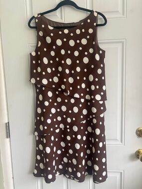 Vintage S.L. Fashions Brown/White Polka Dot Layered Sleeveless Dress, Size 14